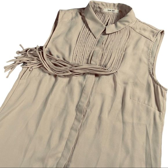 San Joy size small tan top with fringe on front & back, button down with collar - Picture 9 of 15